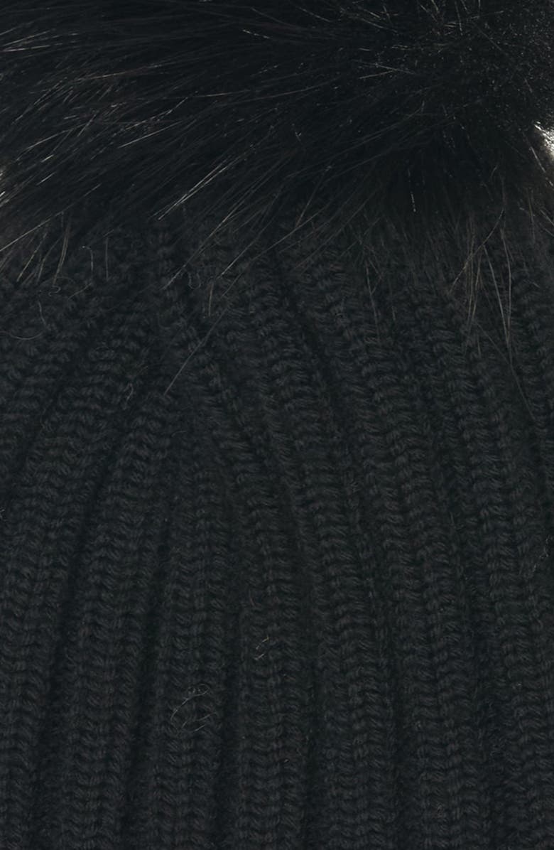 Moncler Virgin Wool Rib Beanie with Faux Fur Pompom, Alternate, color, Black