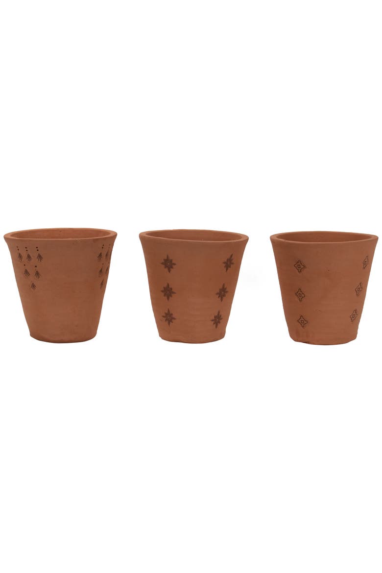 Set of 3 Natural Handthrown Terracotta Embossed Stamped Planters, Main, color, Brown