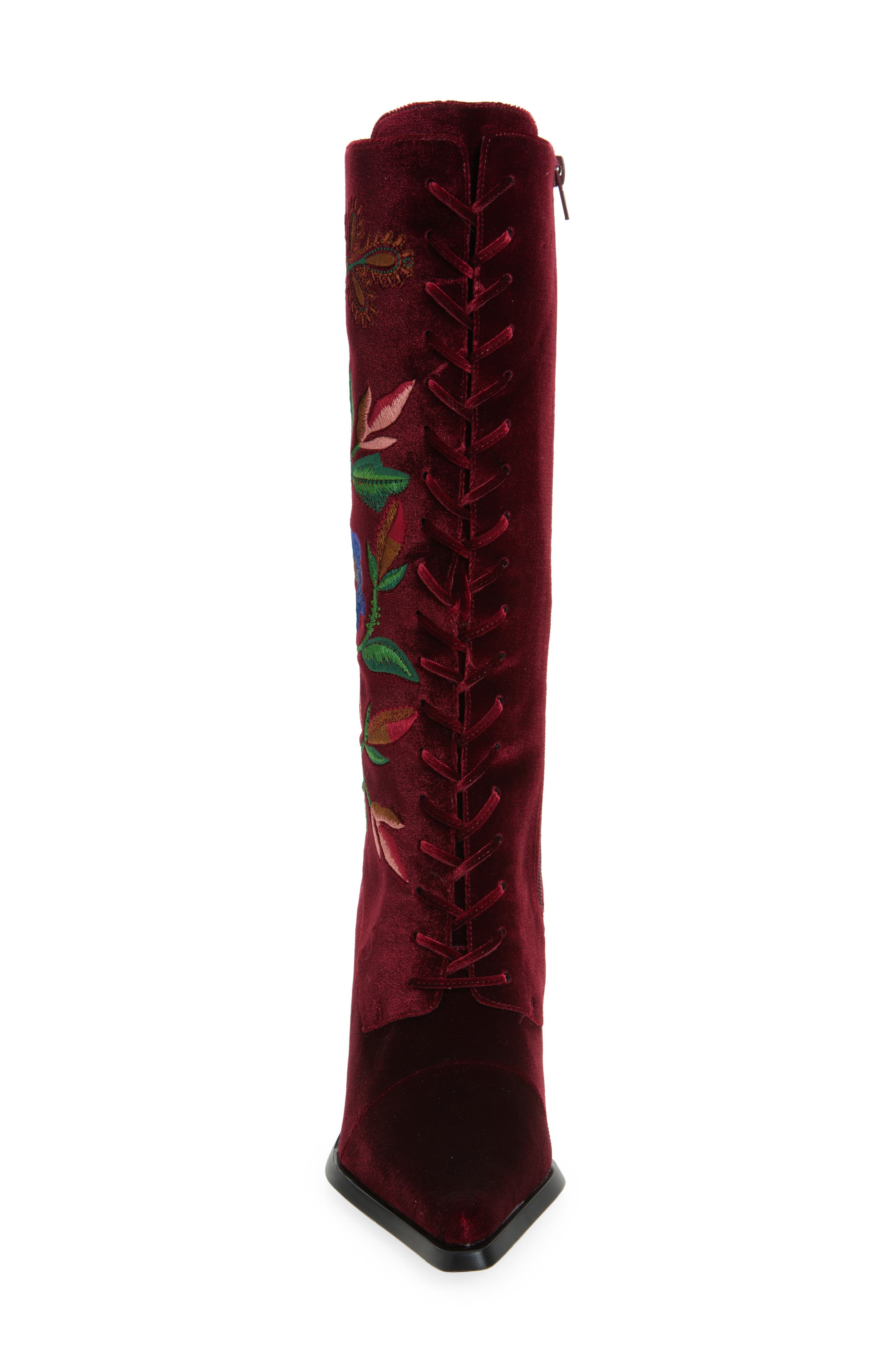 Jeffrey Campbell Joyeux Floral Lace-Up Knee High Boot, Alternate, color, Wine Velvet Floral Multi