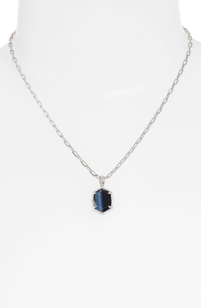 Kendra Scott Daphne Pavé Frame Pendant Necklace, Alternate, color, Rhodium Navy Tigers Eye