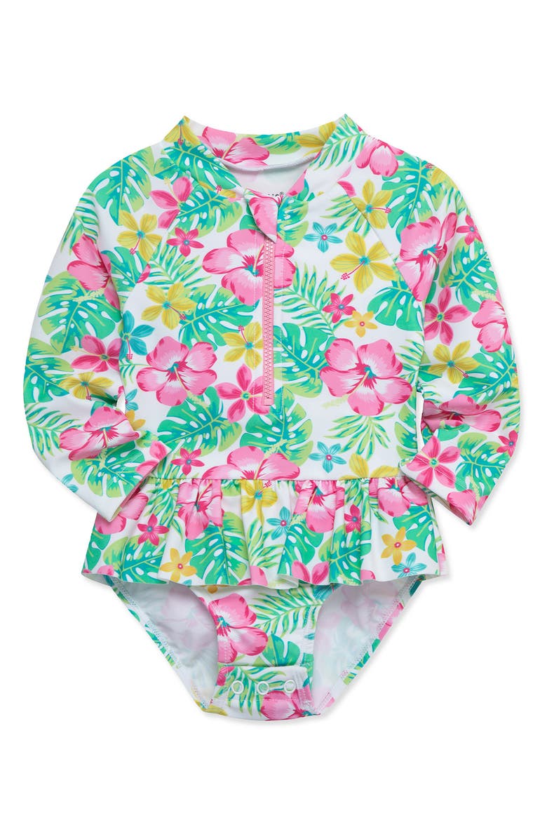 Little Me Tropical Long Sleeve One-Piece Rashguard Swimsuit, Alternate, color,