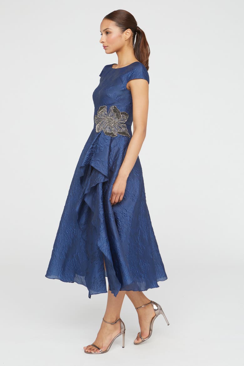 Caity High Low Cocktail Bateau Neck Jacquard Dress, Alternate, color, Midnight Celeste