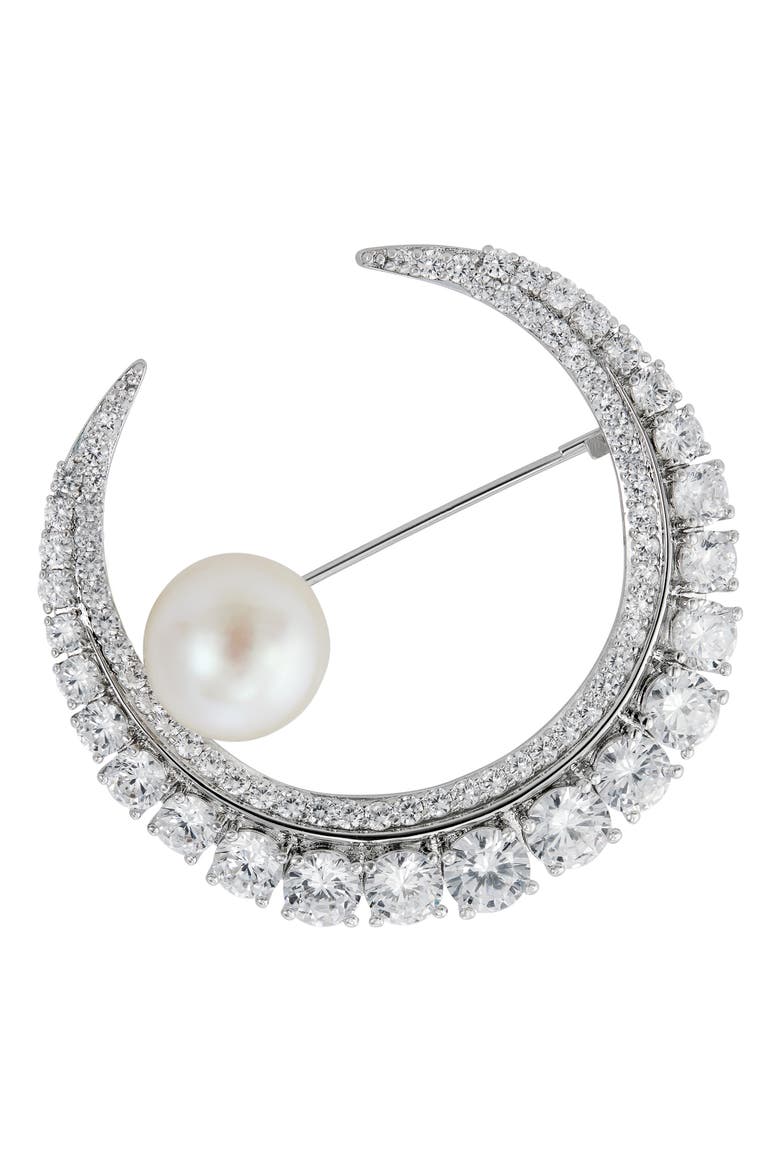 Freshwater Pearl & White Cubic Zirconia Moon Brooch, Main, color, WHITE