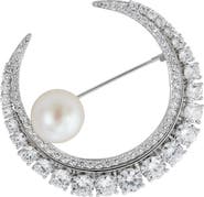 SAVVY CIE JEWELS Freshwater Pearl & White Cubic Zirconia Moon Brooch