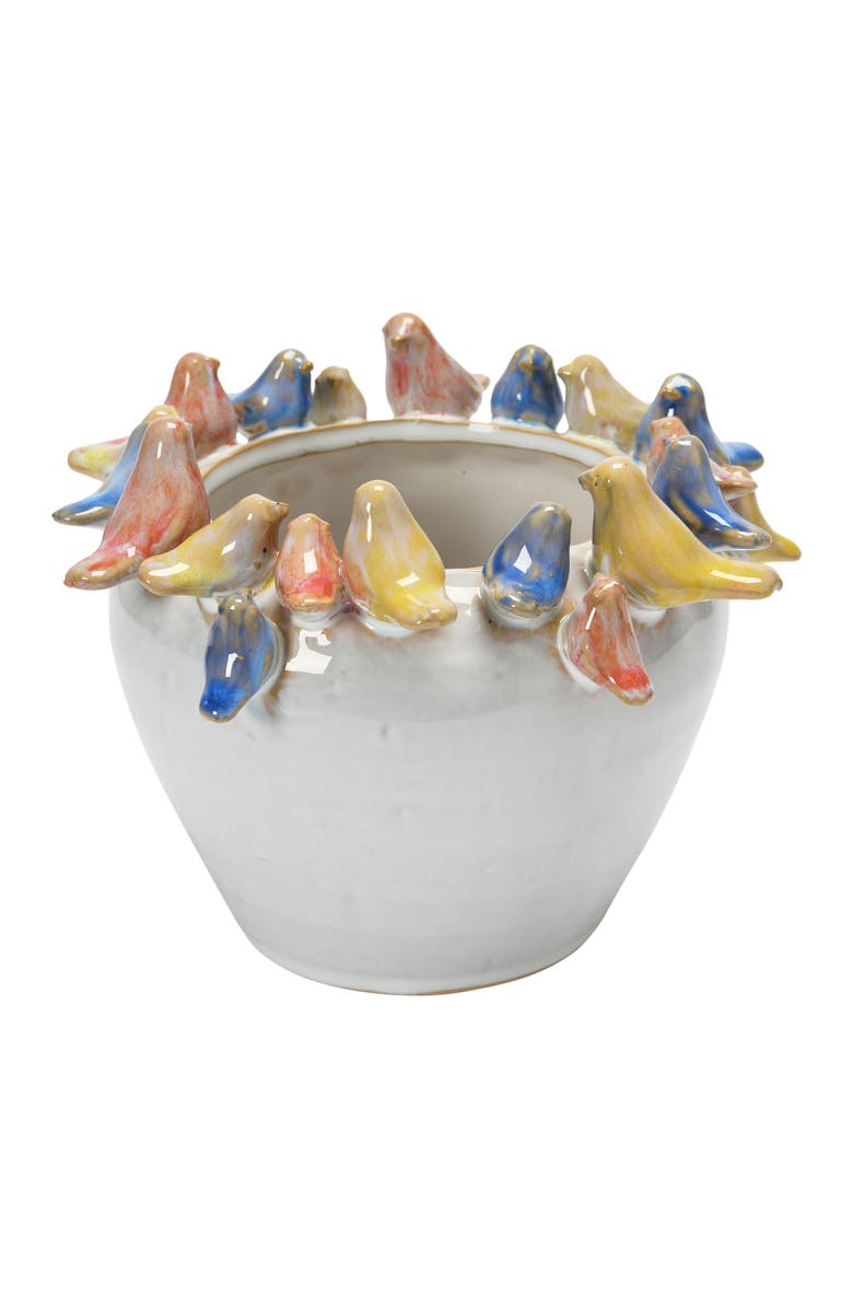 Storied Home Decorative Stoneware Planter with Birds on Rim and Reactive Glaze, Multicolor, Main, color, Cream