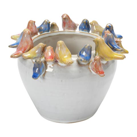 Decorative Stoneware Planter with Birds on Rim and Reactive Glaze, Multicolor