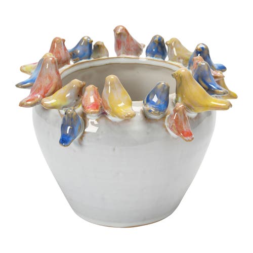 Storied Home Decorative Stoneware Planter With Birds On Rim And Reactive Glaze, Multicolor