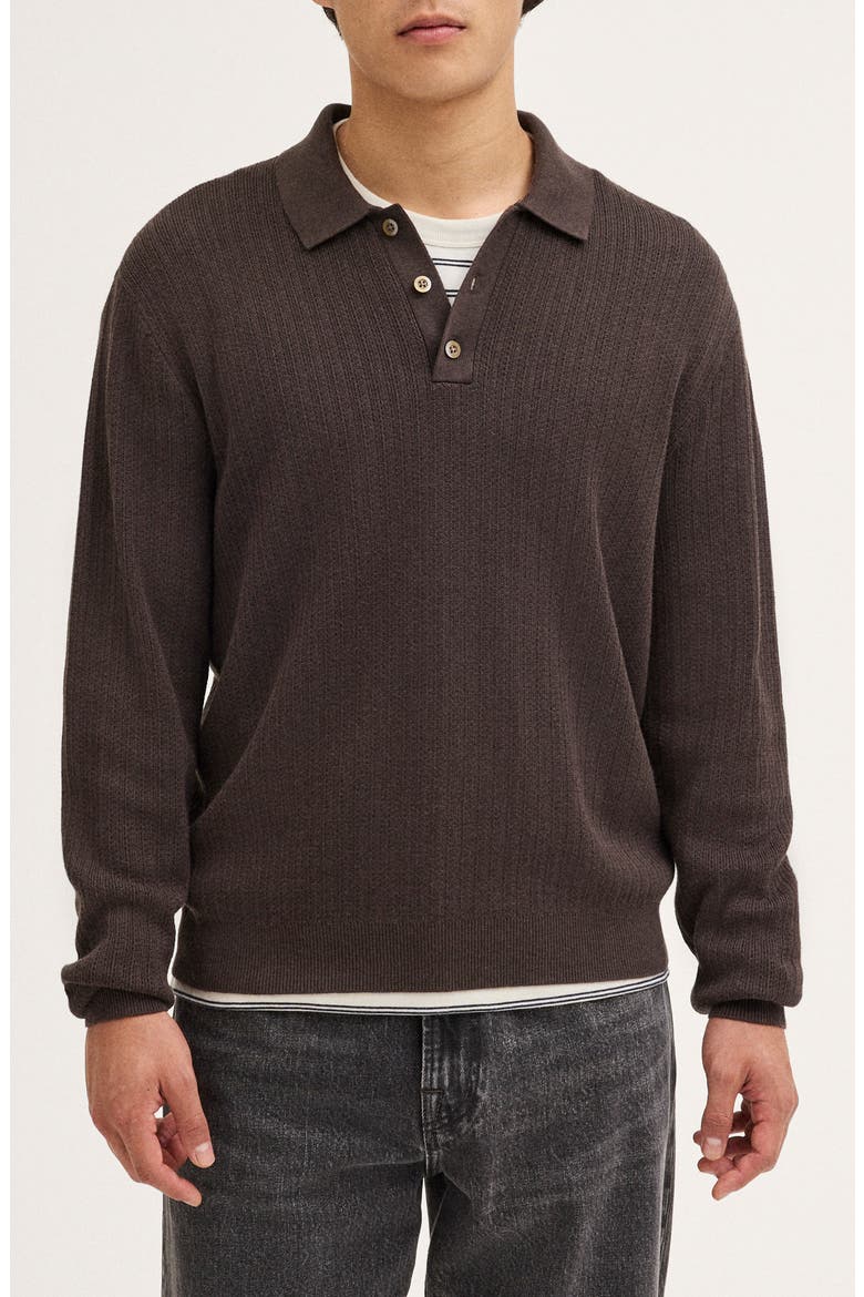 Nile Stitch Button-Up Sweater Polo, Main, color, DARK COCOA