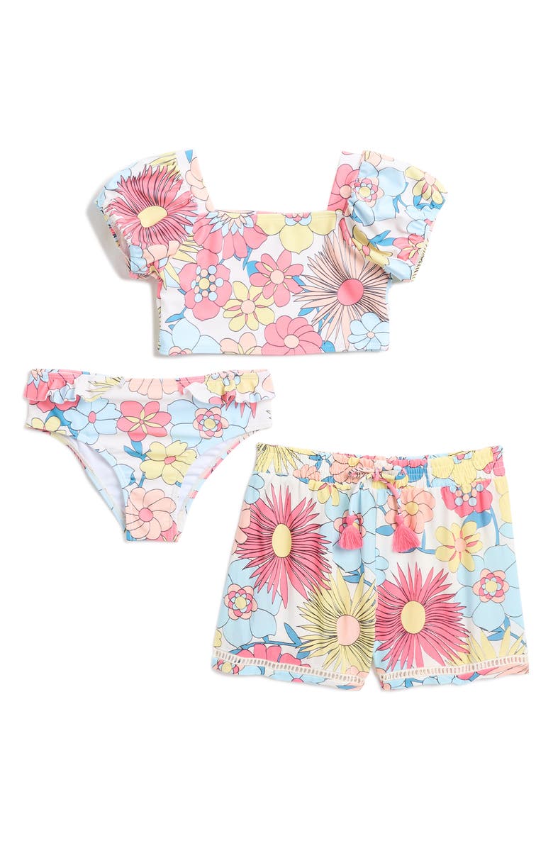 Jessica Simpson Kids' Floral 2-Piece Swimsuit & Cover-Up Shorts Set, Main, color, 
