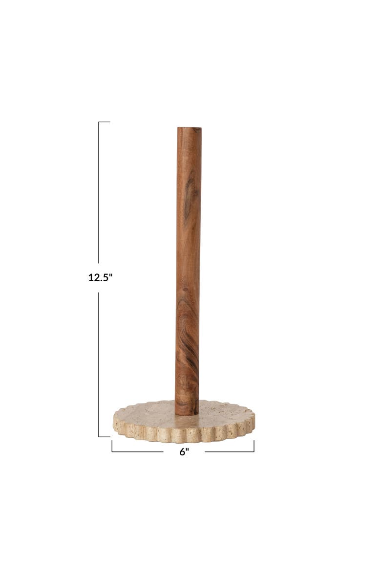 Storied Home Acacia Wood Paper Towel Holder with Scalloped Travertine Base, Natural and Cream Color, Alternate, color,