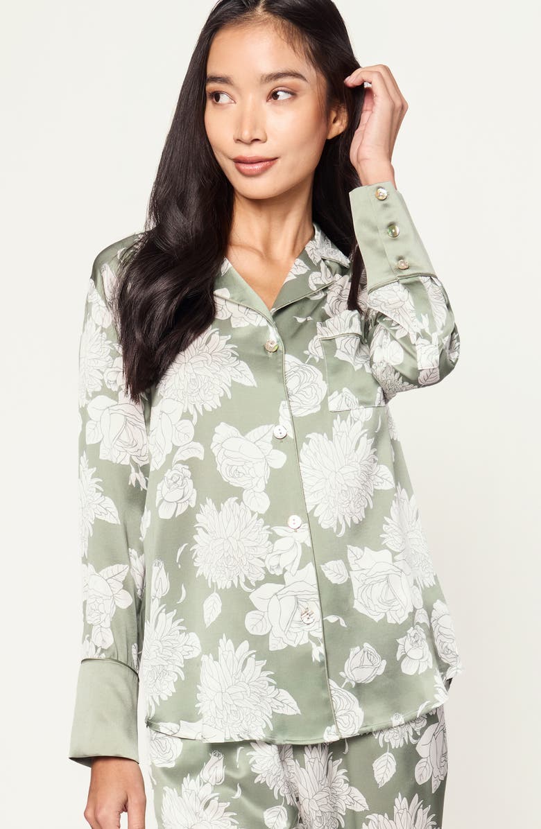 Petite Plume Print Mulberry Silk Pajamas, Alternate, color, Green