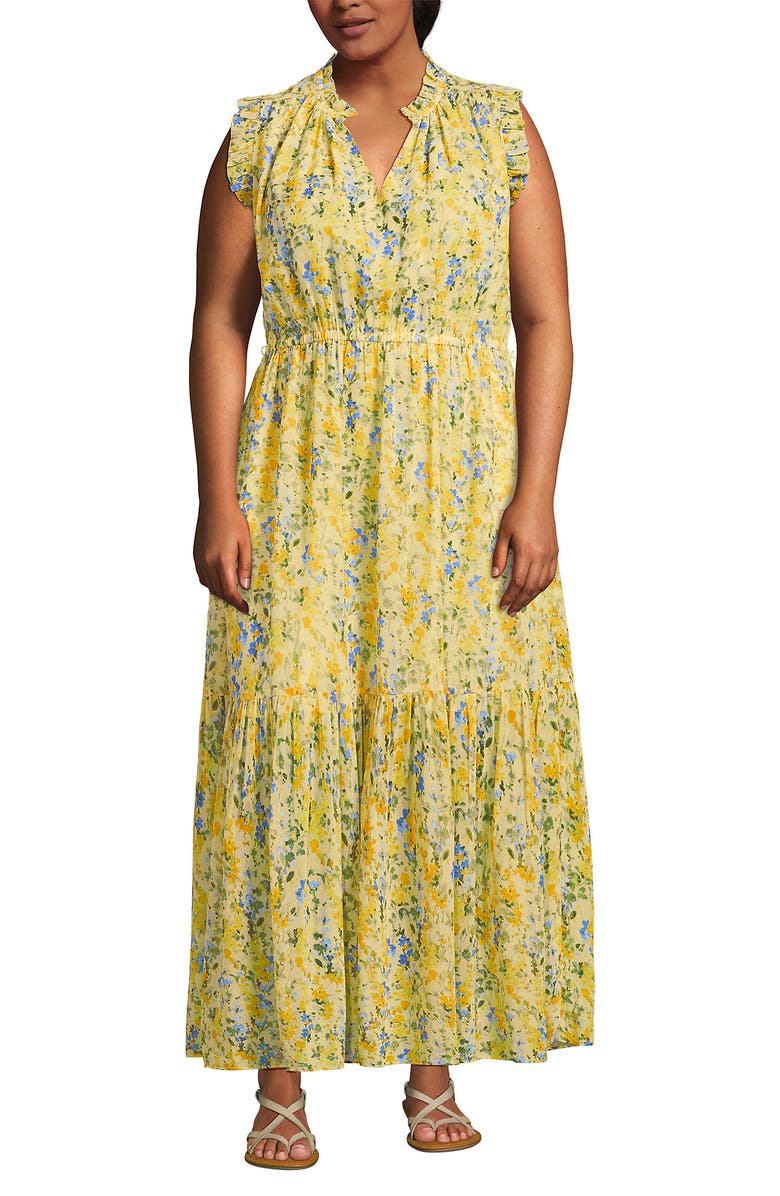 Lands' End Chiffon Maxi Dress with Ruffle Detail, Alternate, color, Golden Candle Light Floral