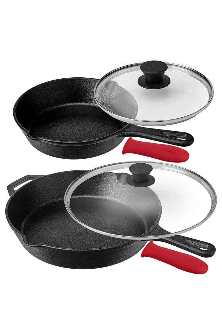 Pre-Seasoned 6 Piece Cast Iron Skillet Set with Lids and Silicone Holders, Main, color, Black