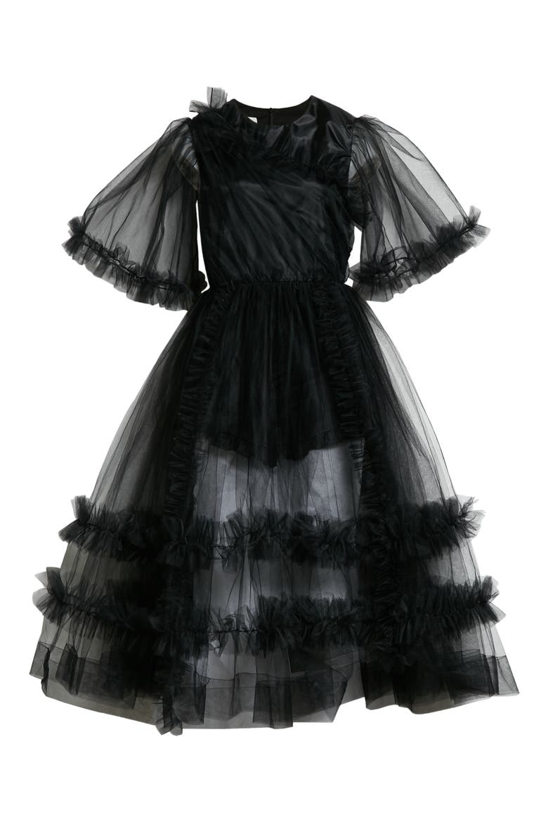 Women's Loon Ruffle Tulle Midi Dress, Alternate, color, BLACK