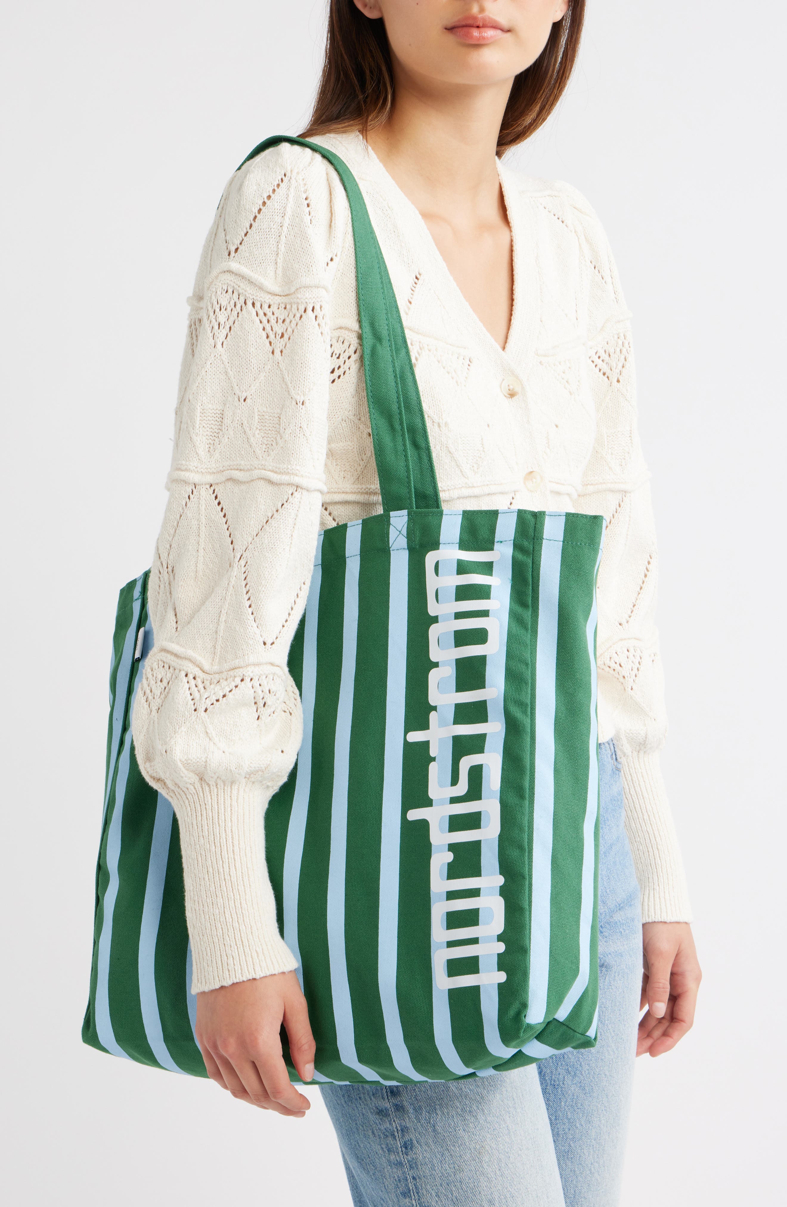 Large 125th Anniversary Tote, Alternate, color, GREEN- TEAL LILY STRIPE