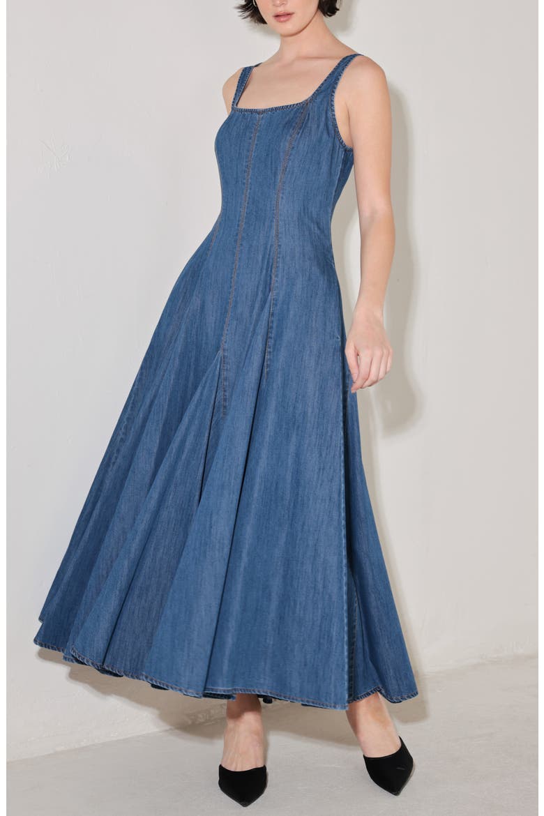 Square Neck A-Line Denim Midi Dress, Alternate, color, MEDIUM INDIGO