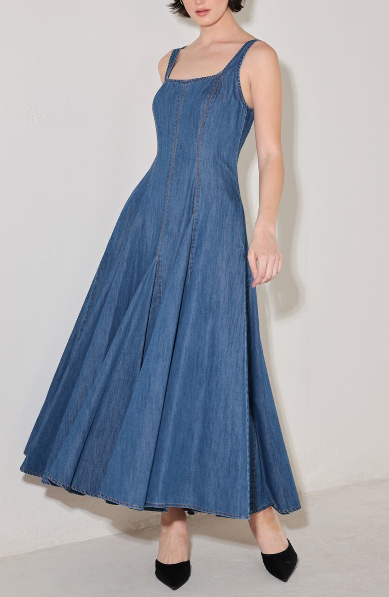 FREEMARKET Square Neck A-Line Denim Midi Dress, Alternate, color, Medium Indigo