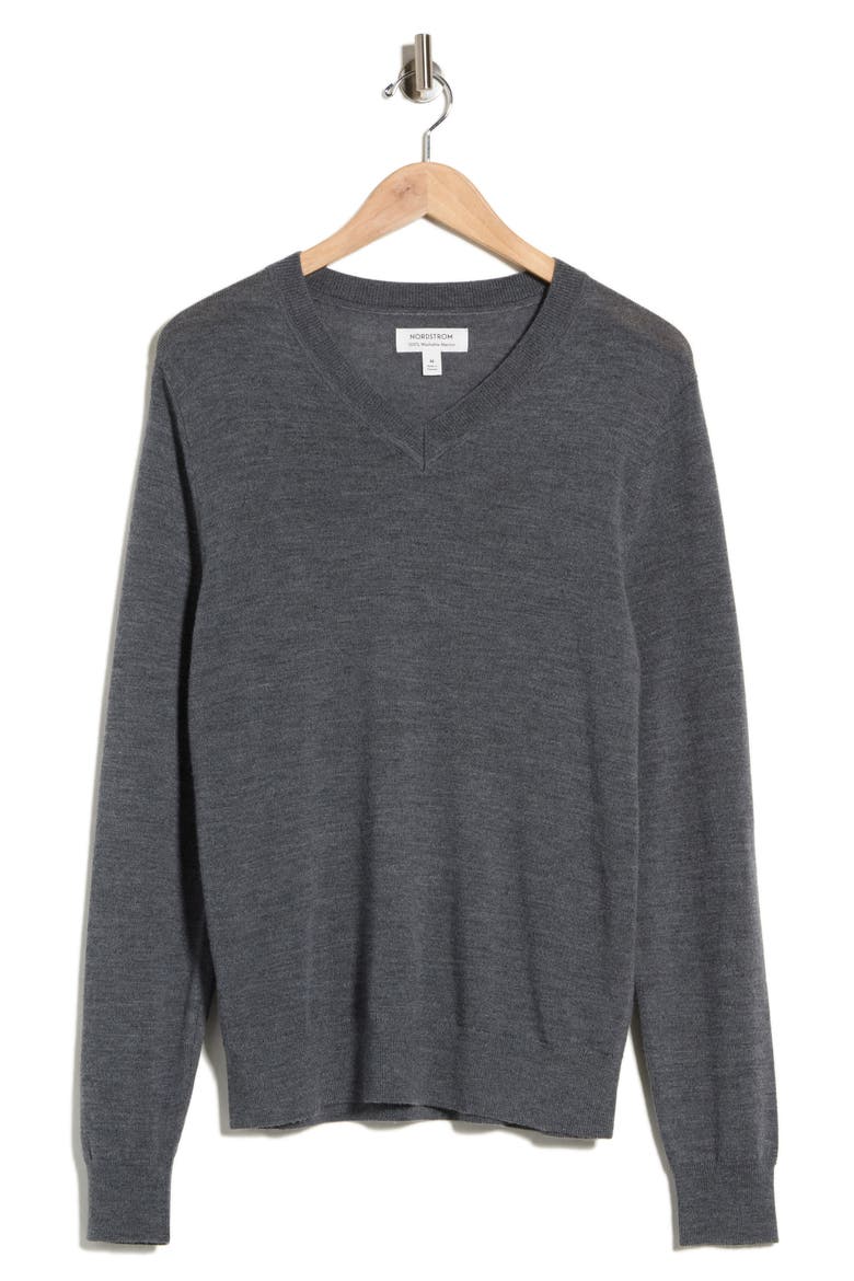 Washable Merino Wool V-Neck Sweater, Alternate, color, GREY MAGNET HEATHER