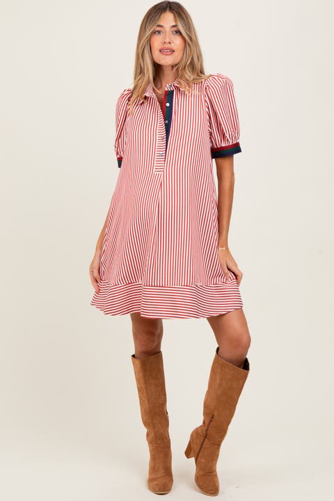 Striped Puff Sleeve Mini Shirt Dress