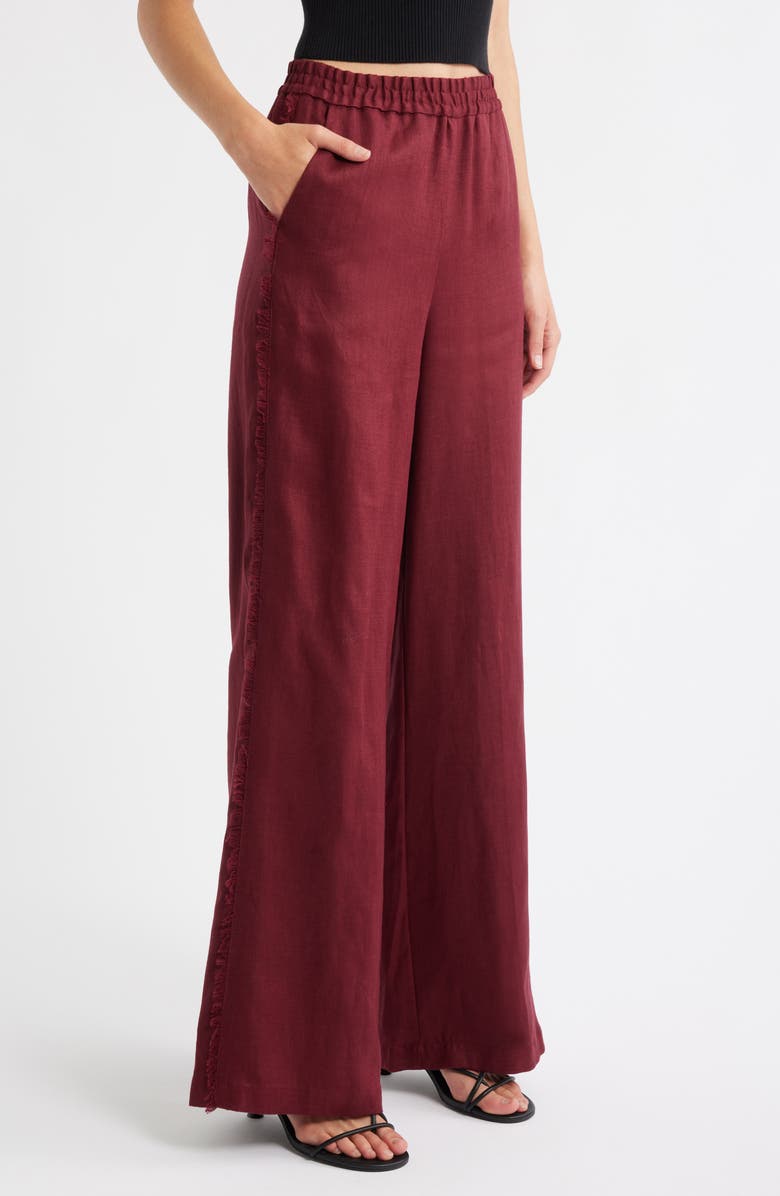 MANGO Tarida Frayed Linen Wide Leg Pants, Alternate, color, Wine