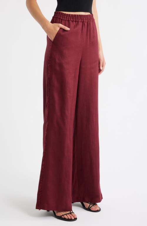 Mango Tarida Frayed Linen Wide Leg Pants In Burgundy