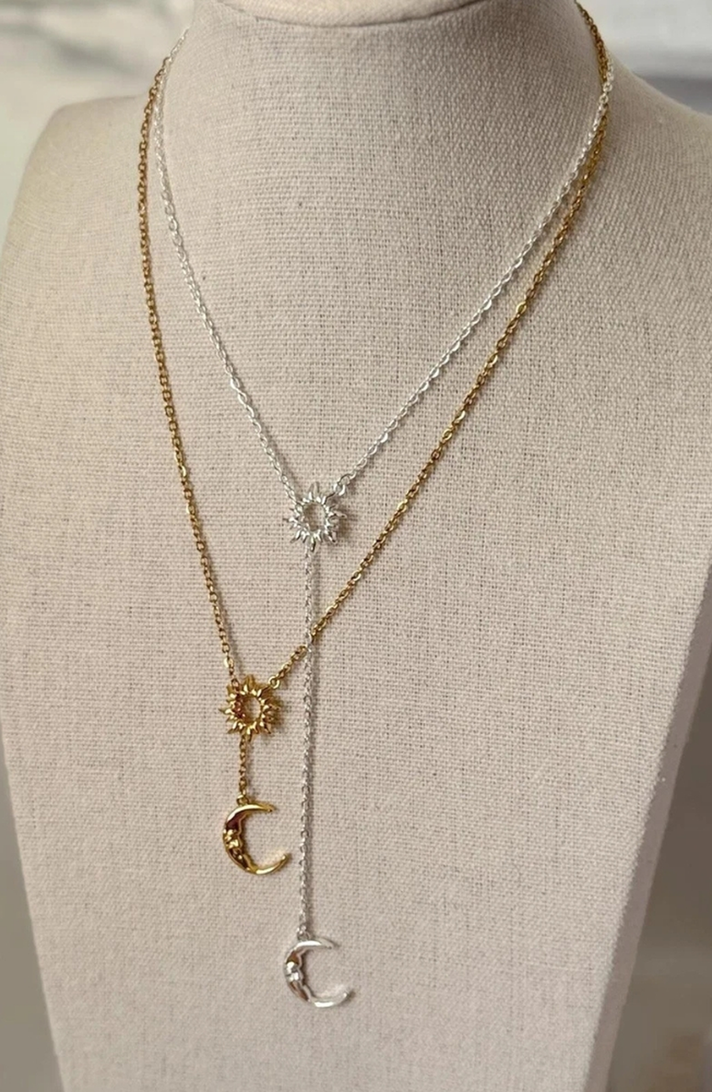 Humanist Beauty Sun and Moon Lariat Necklace, Alternate, color, Gold