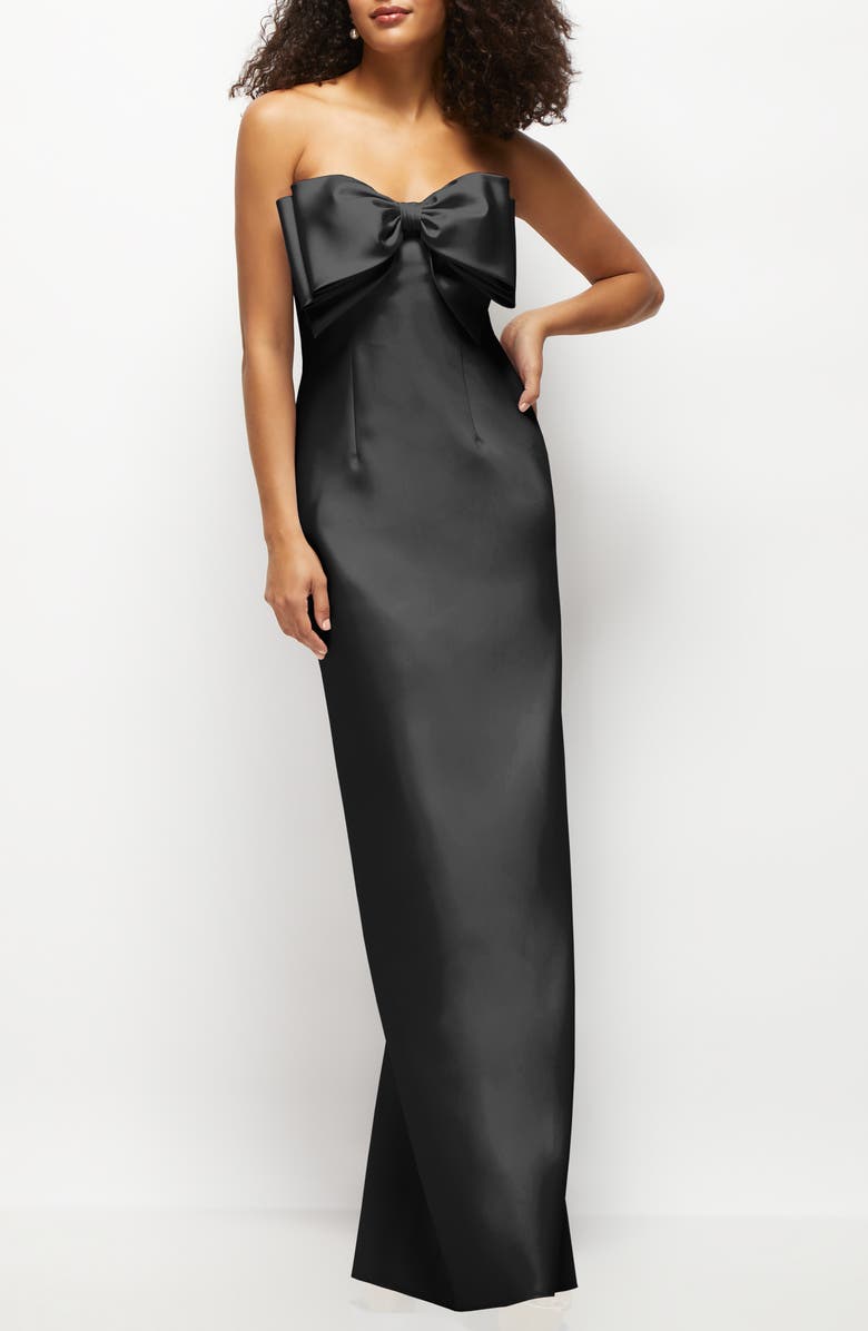 Alfred Sung Bow Detail Strapless Satin Twill Column Gown, Main, color, Black