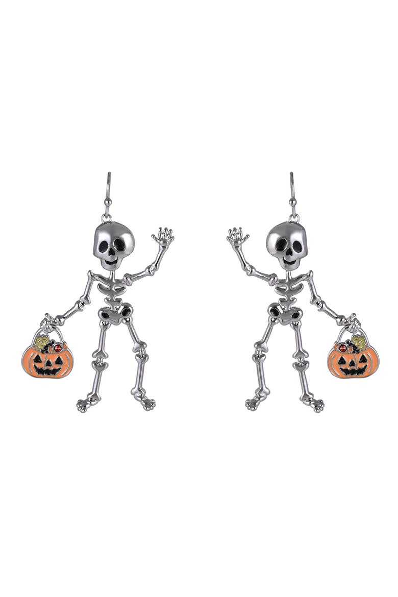 Halloween Friendly Skeleton and Candy Bucket Earrings, Alternate, color, Silver