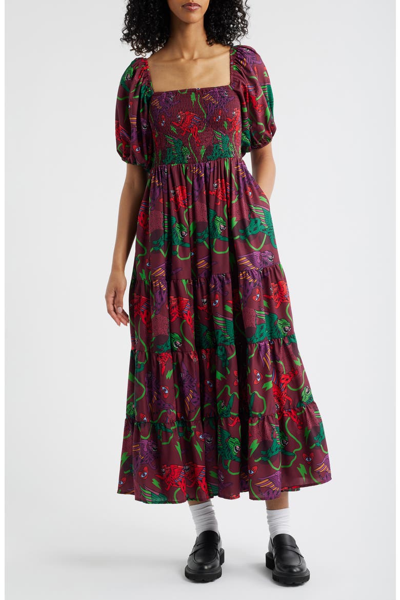 Summer Solstice Smock Bodice Tiered Dress, Main, color, PLUM