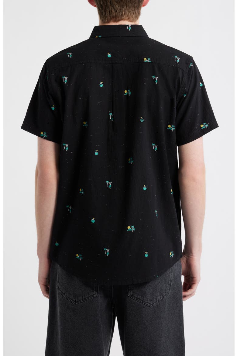 Skelly Breach Tropical Print Short Sleeve Cotton Chambray Button-Down Shirt, Alternate, color, BLACK