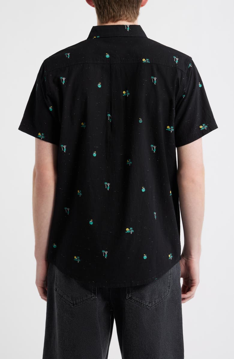 Rip Curl Skelly Breach Tropical Print Short Sleeve Cotton Chambray Button-Down Shirt, Alternate, color, Black