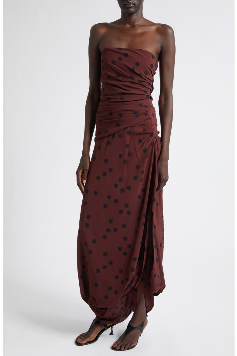 Nayara Dot Print Strapless Asymmetric Midi Dress, Alternate, color, ESPRESSO MULTI