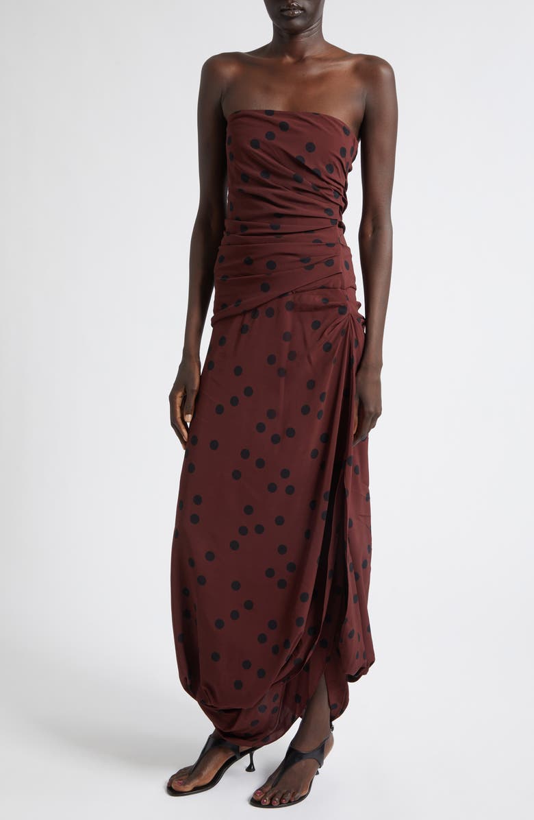 Proenza Schouler Nayara Dot Print Strapless Asymmetric Midi Dress, Alternate, color, Espresso Multi