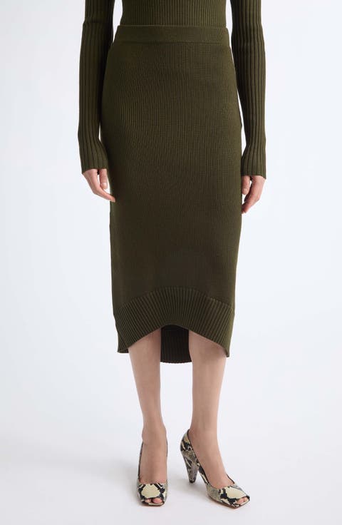 Fitted Rib Wool Blend Midi Skirt