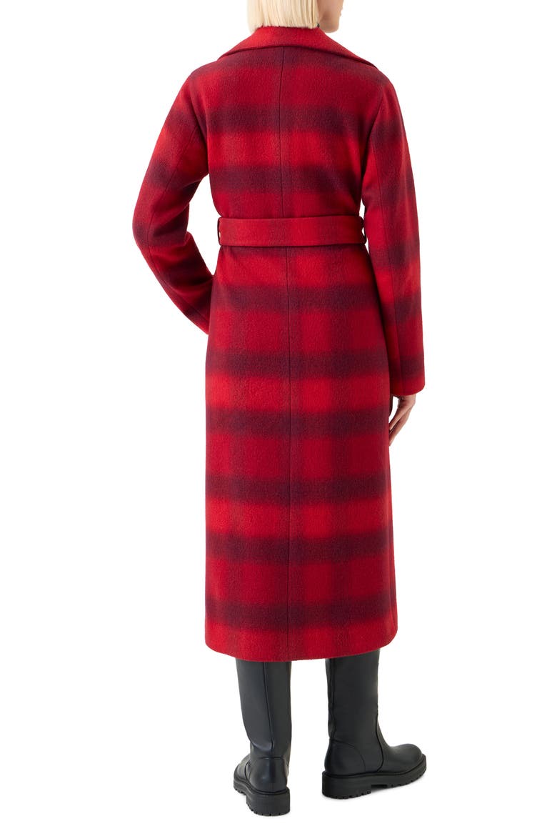 Blurred Check Belted Wool Blend Long Coat, Alternate, color, CRANBERRY-BLACKBERRY