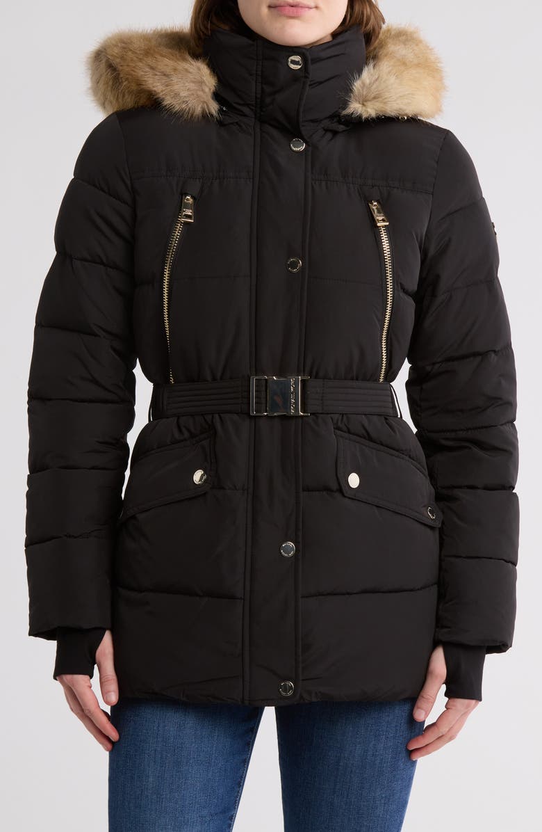 Michael Kors Faux Fur Trim Hooded Belted Puffer Jacket, Main, color,