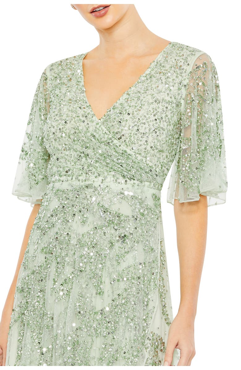 Mac Duggal Sequined Butterfly Sleeve High Low Gown, Alternate, color, Sage