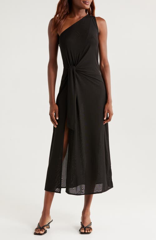 Elan One-shoulder Knotted Mesh Cover-up Dress In Solid Black