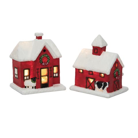 Light Up Barn and Church Set of 2 Decorative Sculptures