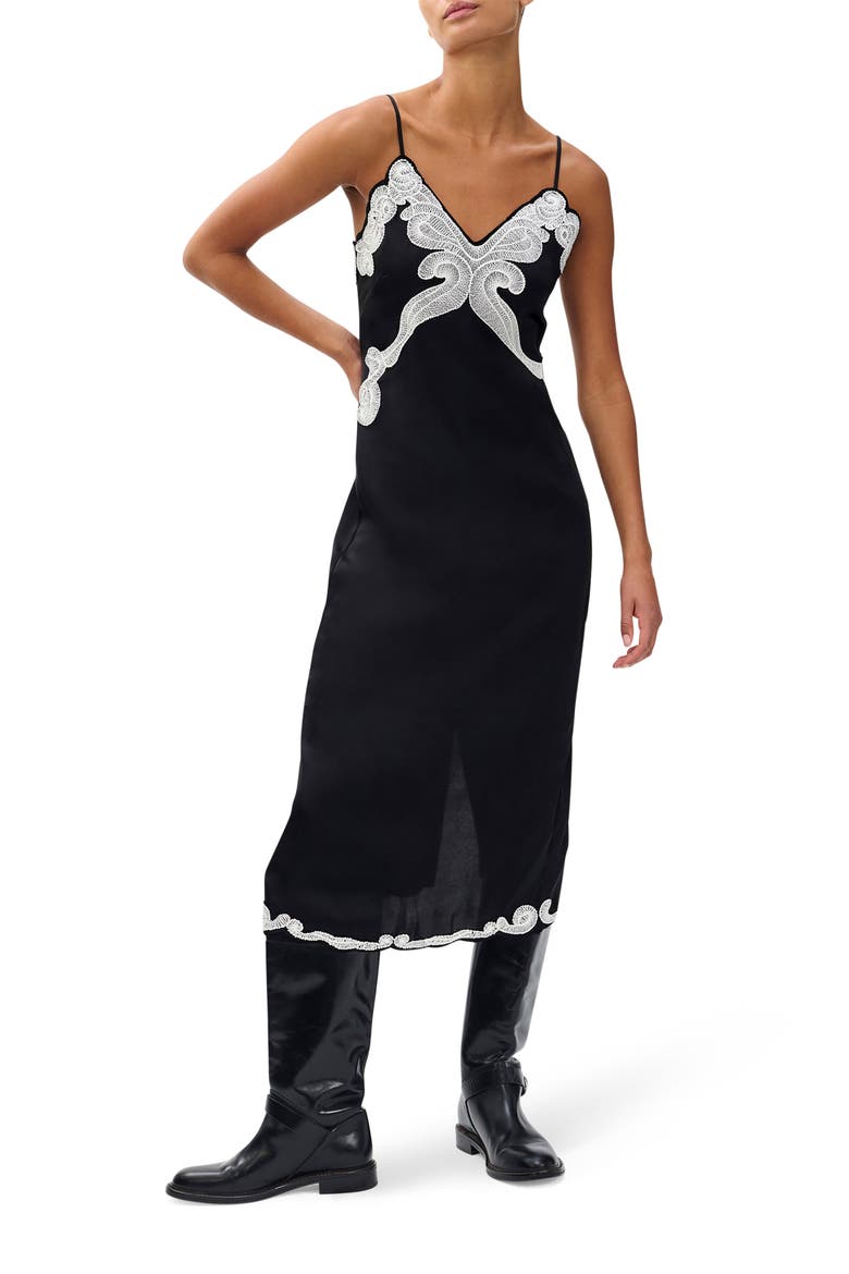 Ann Embroidery Detail Midi Slipdress, Main, color, BLACK