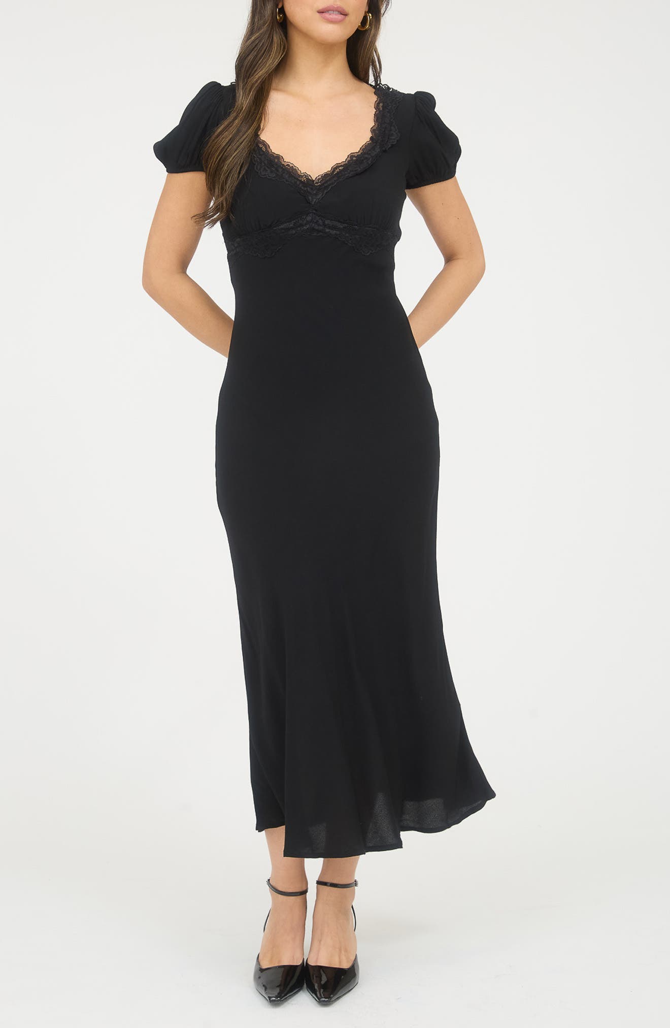 Blu Pepper Lace Trim Puff Sleeve Midi Dress