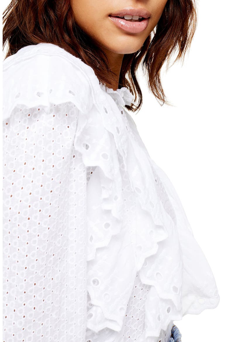 Ruffle Long Sleeve Broderie Anglaise Top, Alternate, color, WHITE