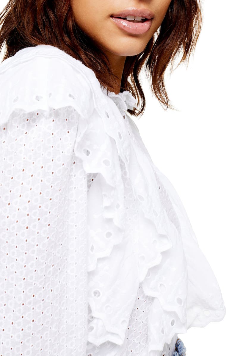 Topshop Ruffle Long Sleeve Broderie Anglaise Top, Alternate, color, 