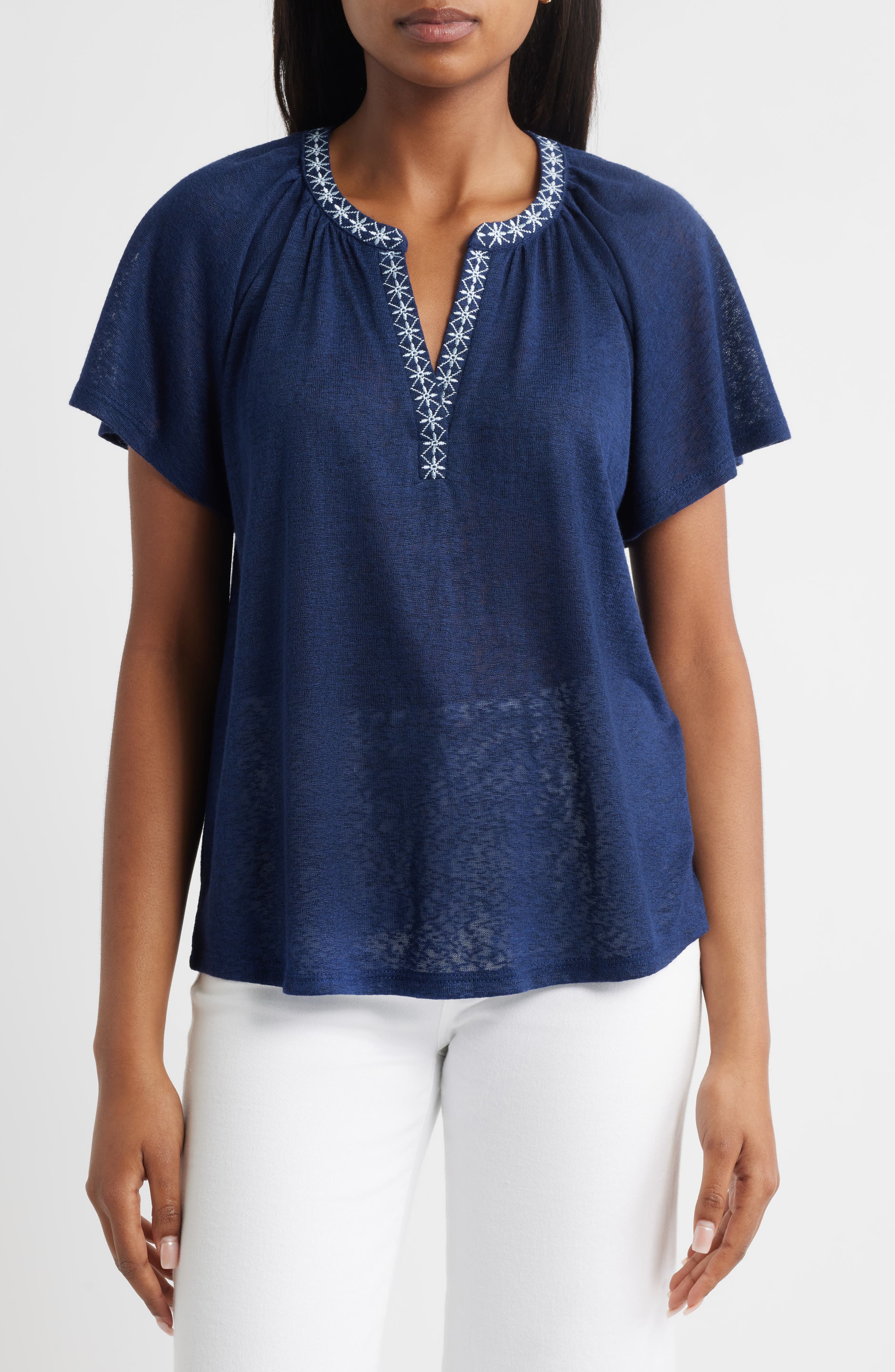 Bobeau Caty Embroidered Split Neck Top