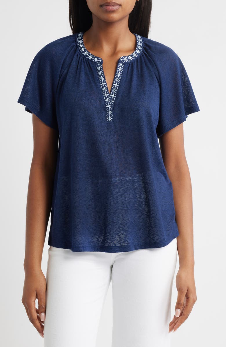 Bobeau Caty Embroidered Split Neck Top, Main, color, Navy