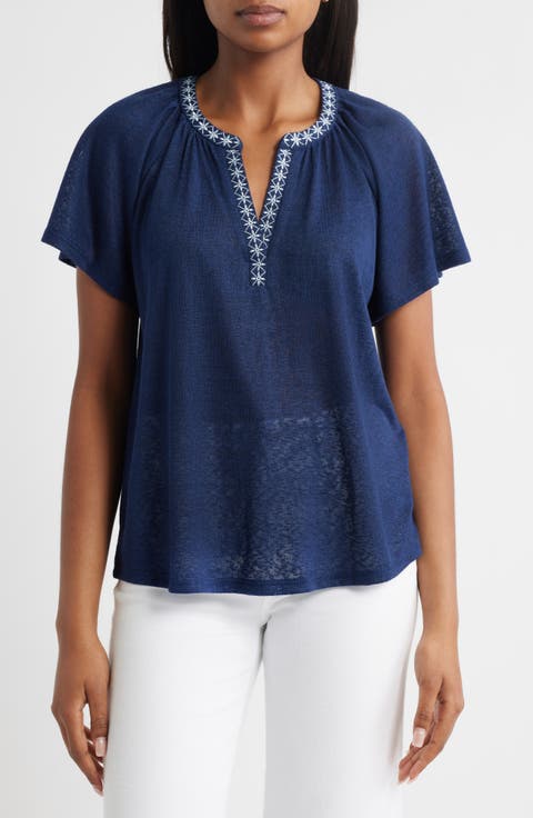 Caty Embroidered Split Neck Top