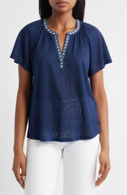 Bobeau Caty Embroidered Split Neck Top