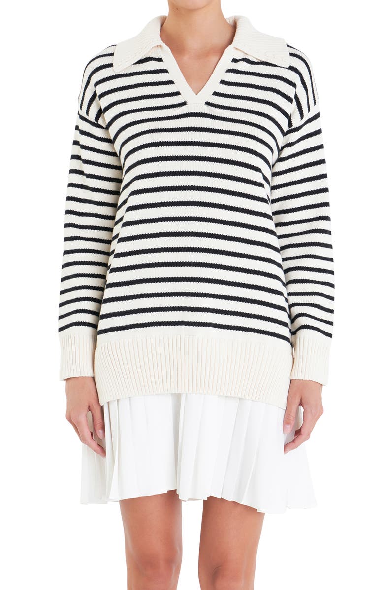 English Factory Stripe Pleated Long Sleeve Mixed Media Sweater Dress, Alternate, color, 