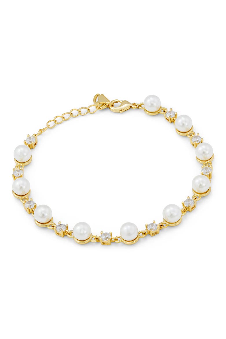 14k Gold Plated Cubic Zirconia & Shell Pearl Link Bracelet, Main, color, YELLOW GOLD