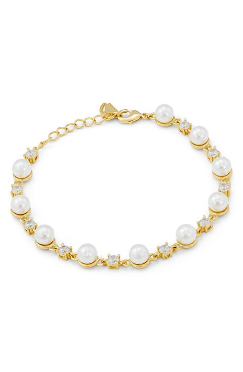 14k Gold Plated Cubic Zirconia & Shell Pearl Link Bracelet